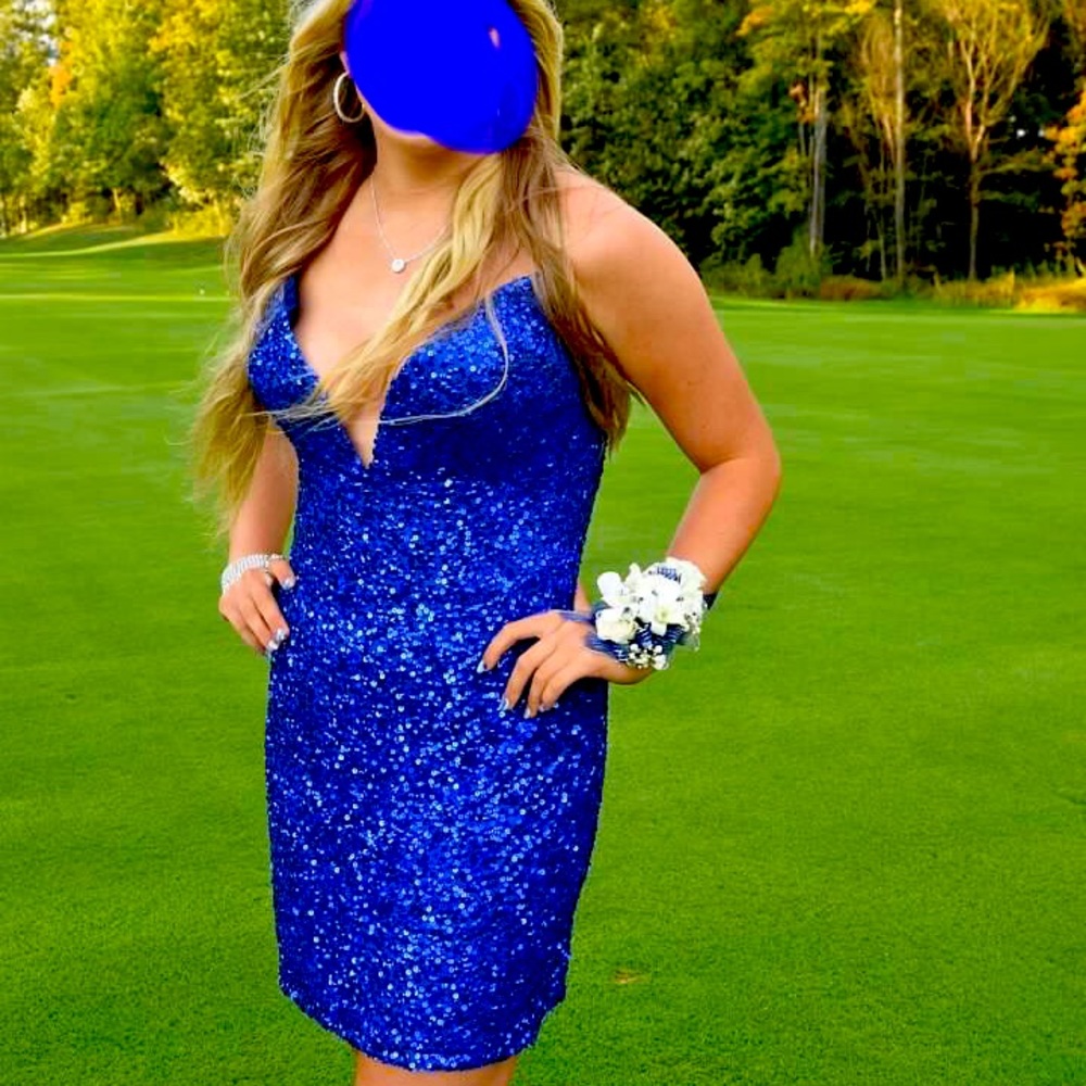 Royal blue sequence formal strapless short dress